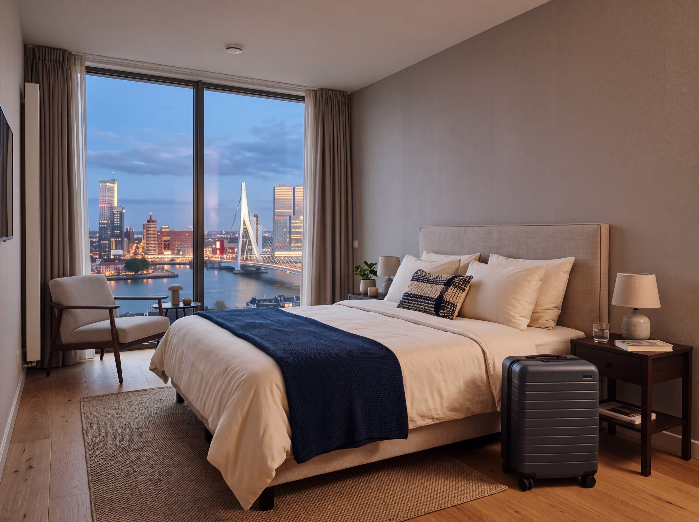 Gemeubileerde hotelachtige slaapkamer met koffer en uitzicht op de Erasmusbrug en de skyline van Rotterdam in de avond