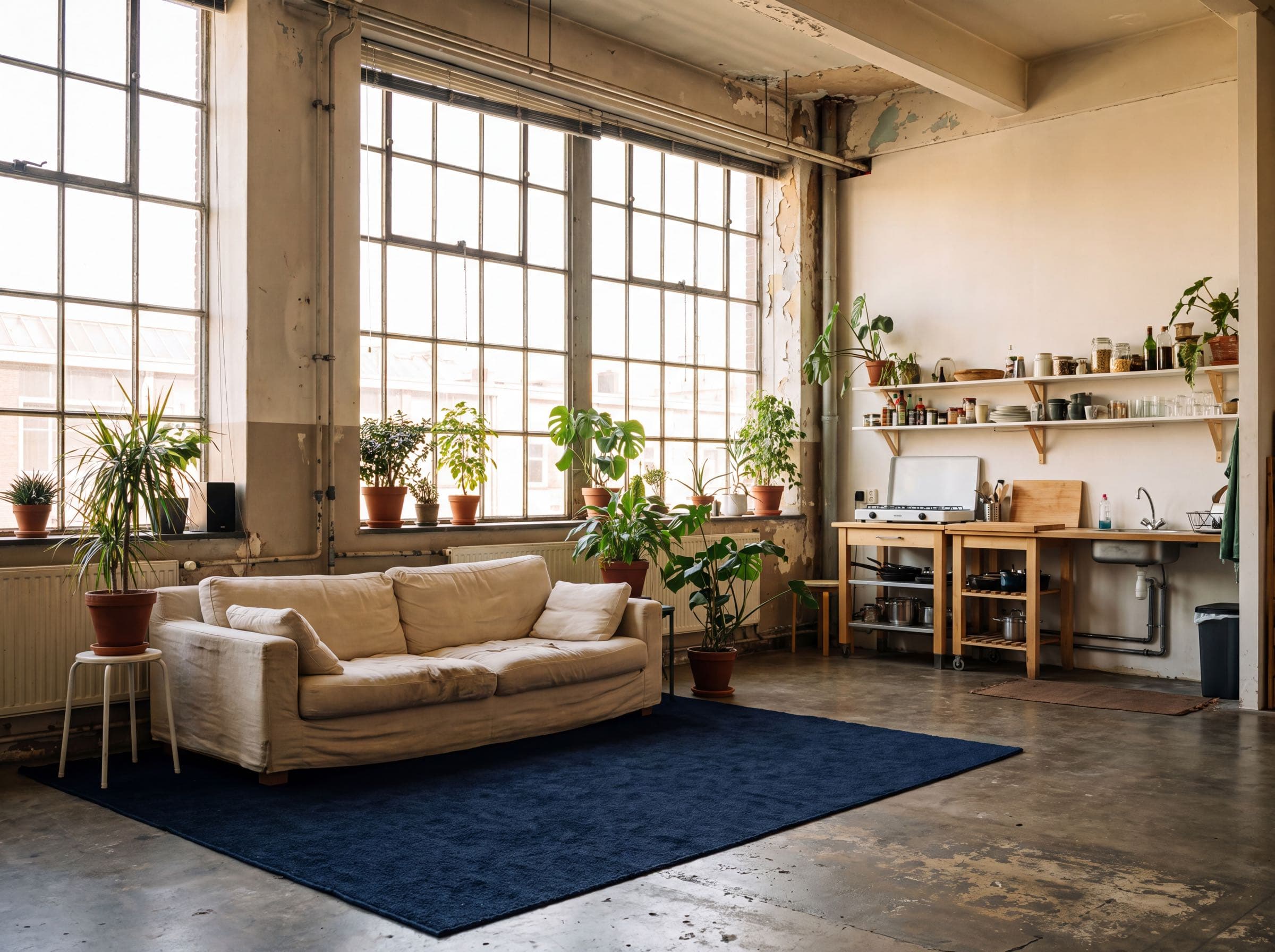 Ruime loft in een oud fabrieksgebouw met stalen ramen, een linnen bank op een blauw kleed, planten en een eenvoudige keuken