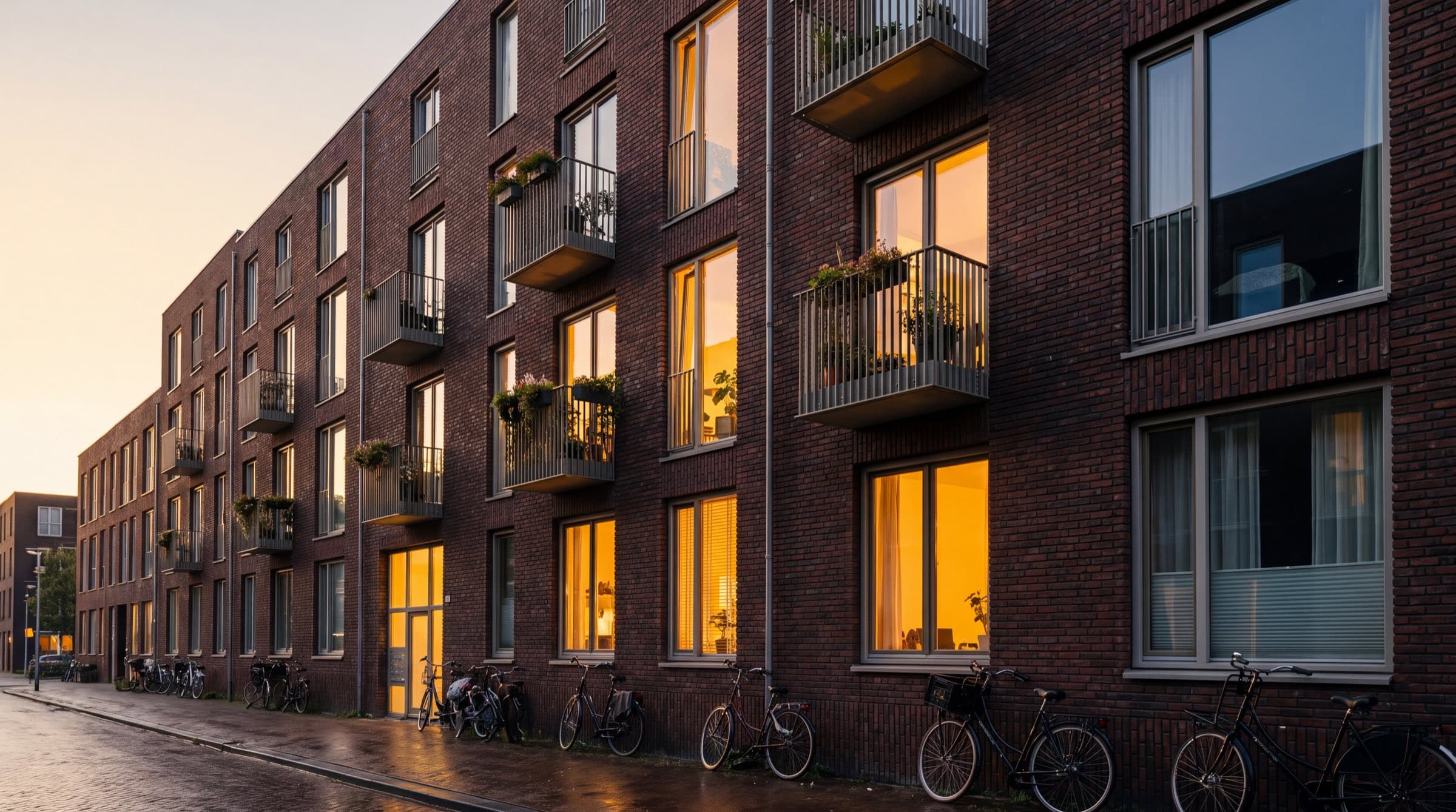 Nieuw bakstenen appartementencomplex met balkons en verlichte ramen bij zonsondergang, fietsen langs de gevel