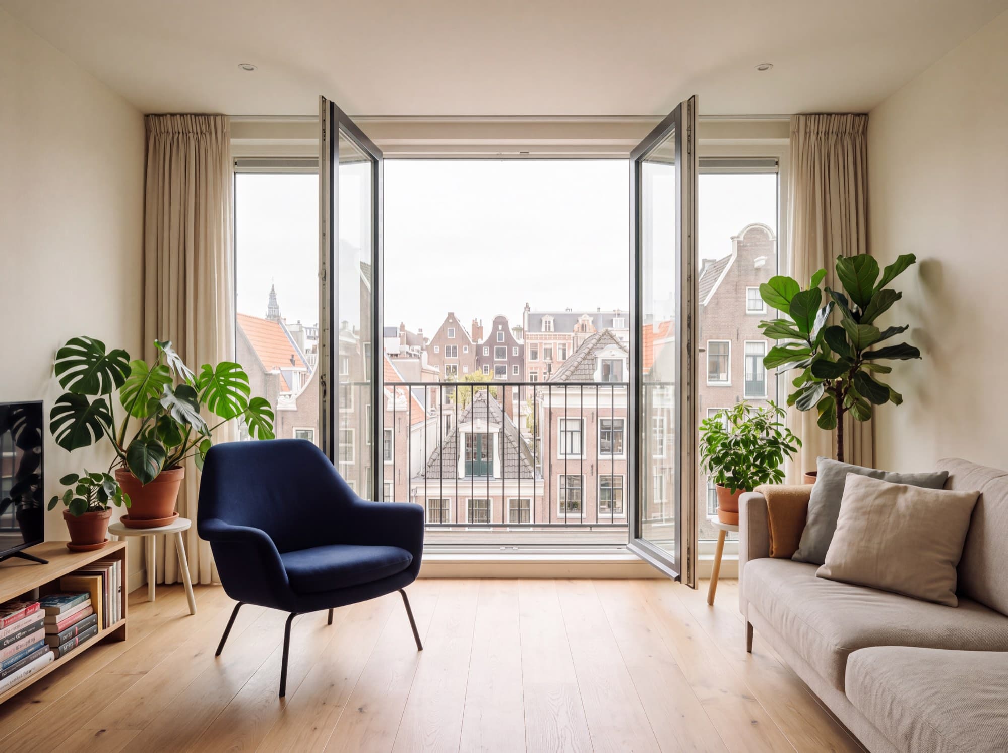 Lichte woonkamer met open balkondeur en uitzicht over de daken