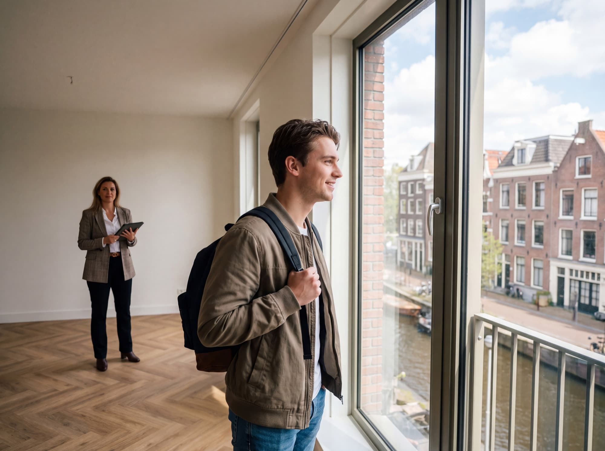 Jonge man bekijkt een lege huurwoning bij het raam