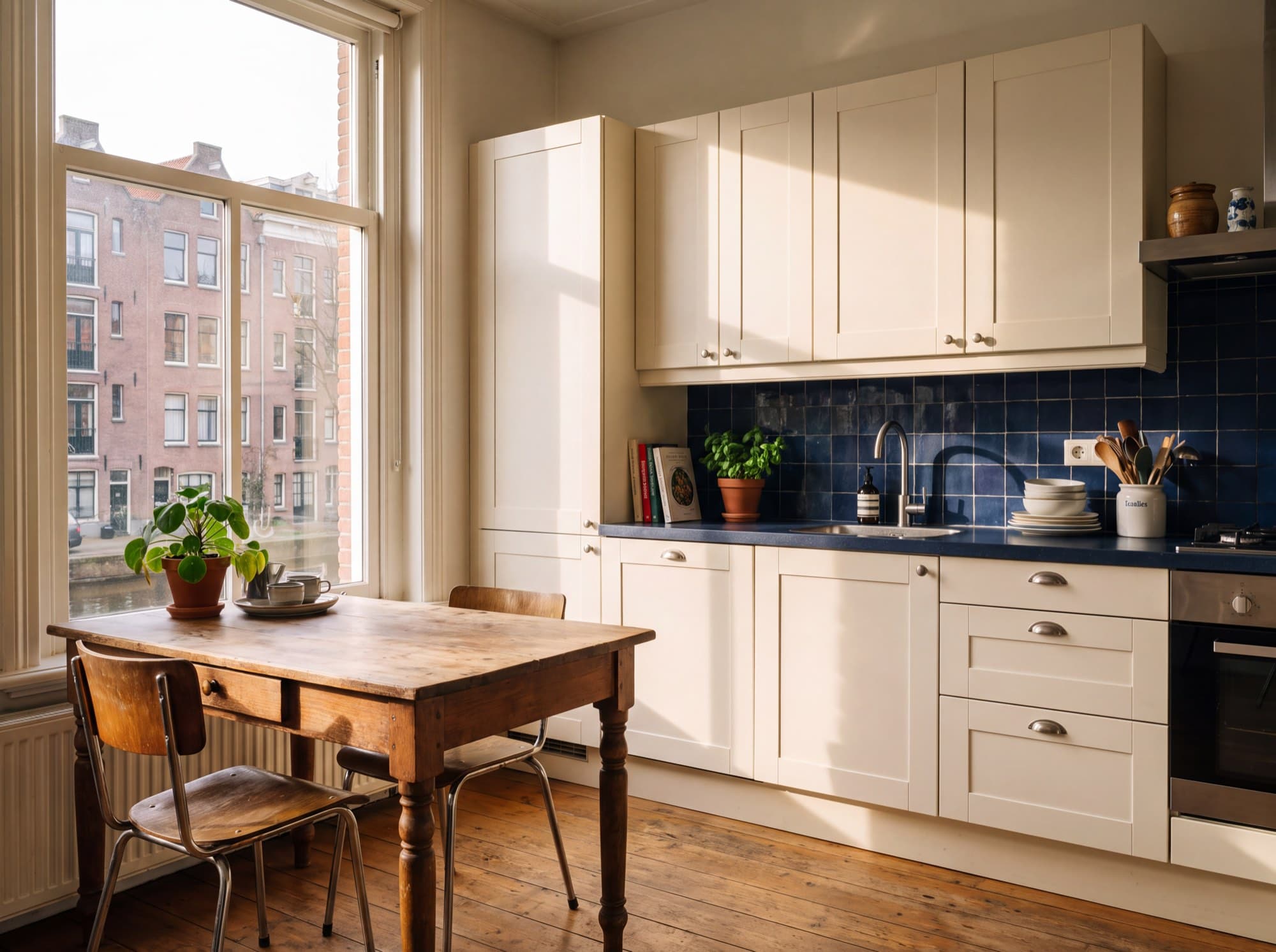 Open keuken met crème kastjes en navy tegels in een stadsappartement