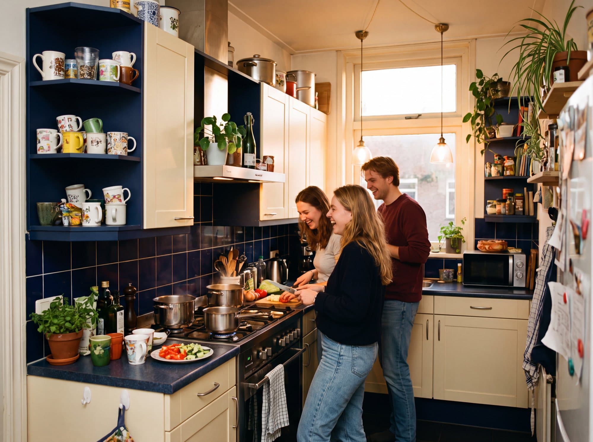 Studenten koken samen in een gedeelde keuken