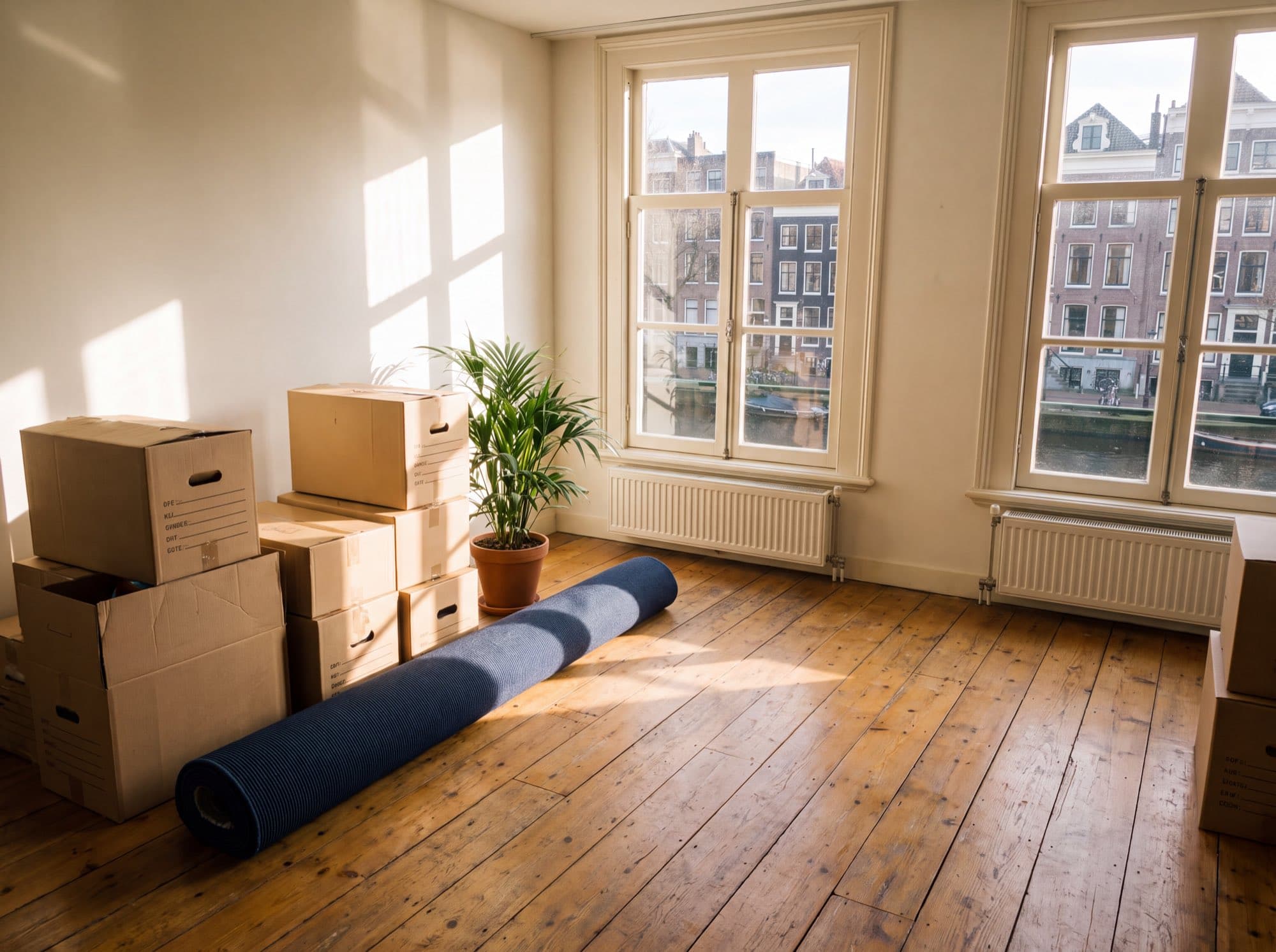 Lege woning met verhuisdozen op verhuisdag
