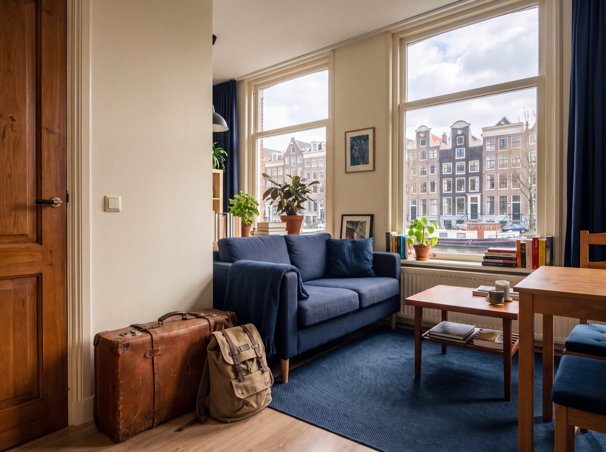 Furnished studio with a suitcase by the door and a canal view