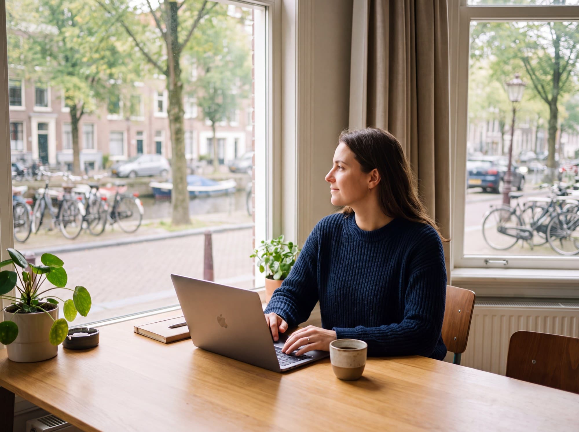 Young professional working by the window in a furnished apartment
