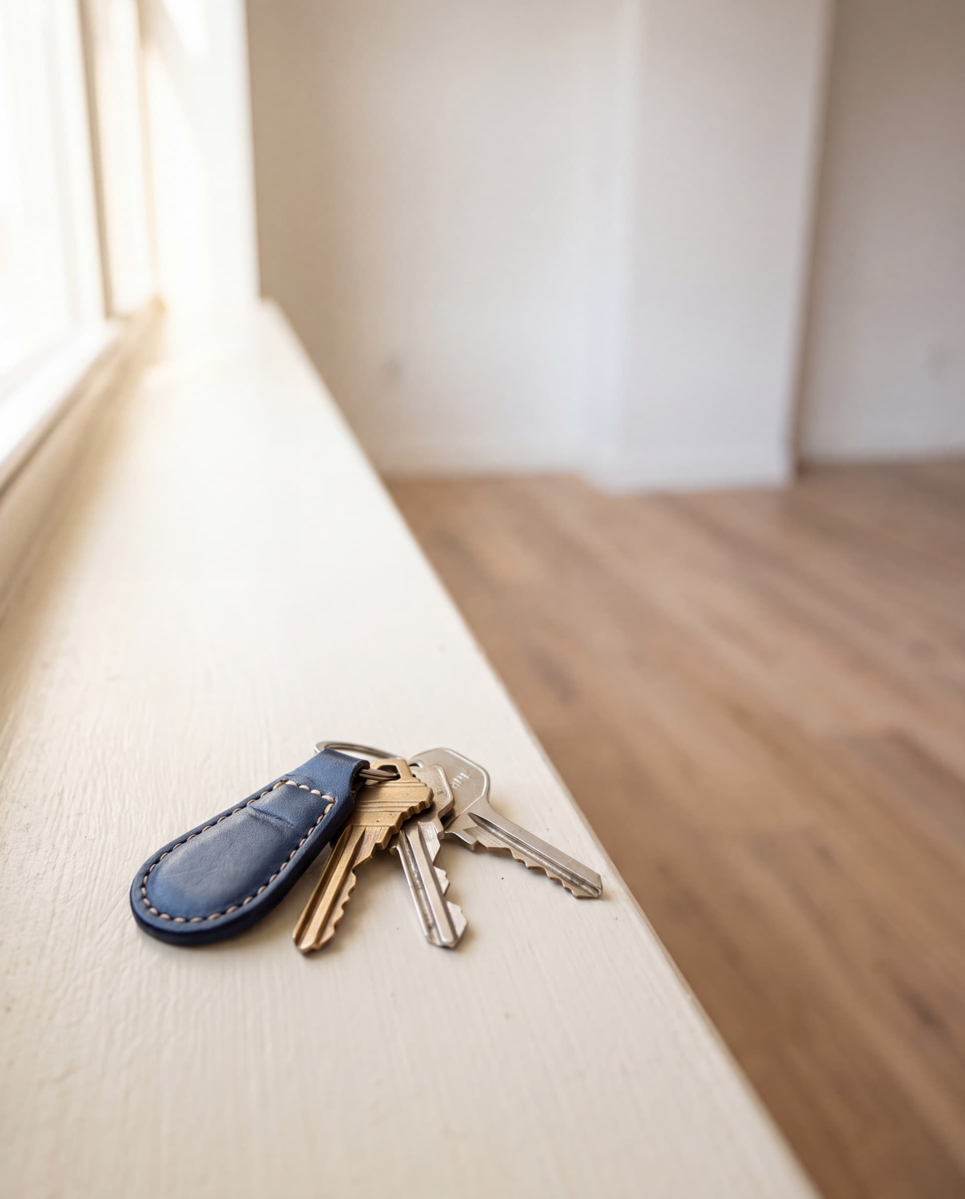 Sleutelbos met een blauwe leren hanger op de vensterbank van een lege, lichte woning