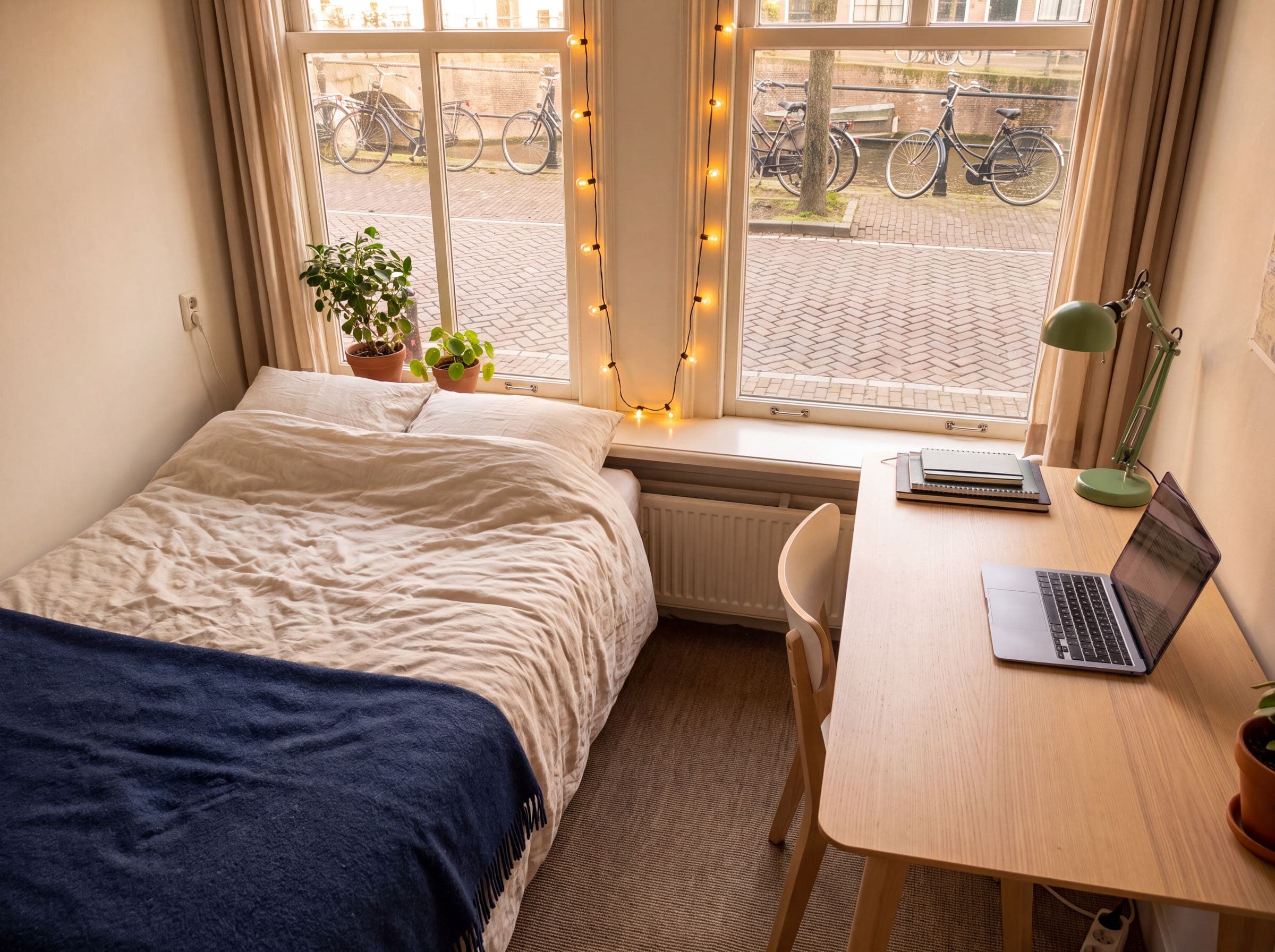 Gezellige studentenkamer met bed, bureau met laptop en lichtslinger voor het raam, buiten fietsen op de stoep