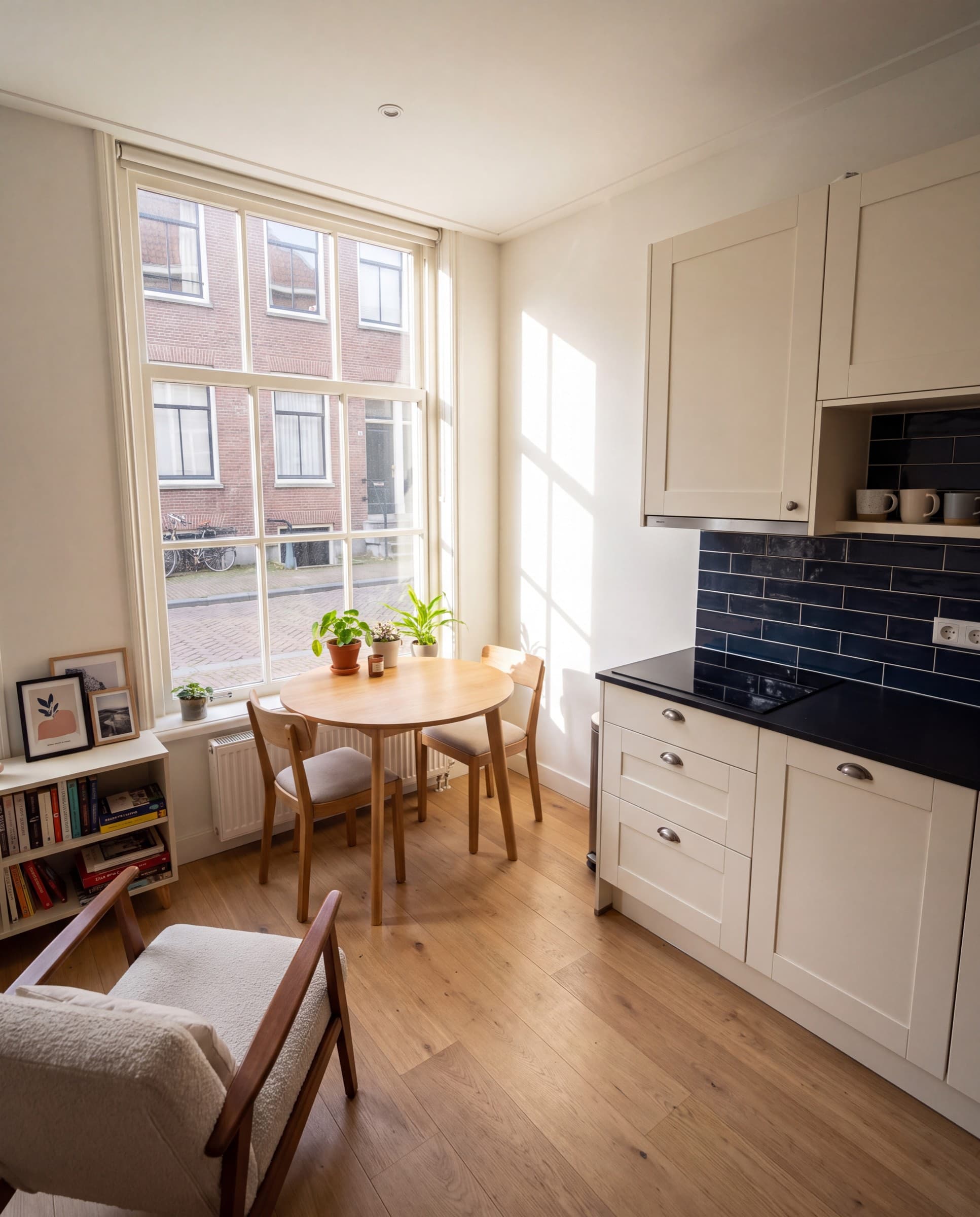 Kleine lichte studio met ronde eettafel voor een hoog raam, een witte keuken met blauwe tegels en een fauteuil