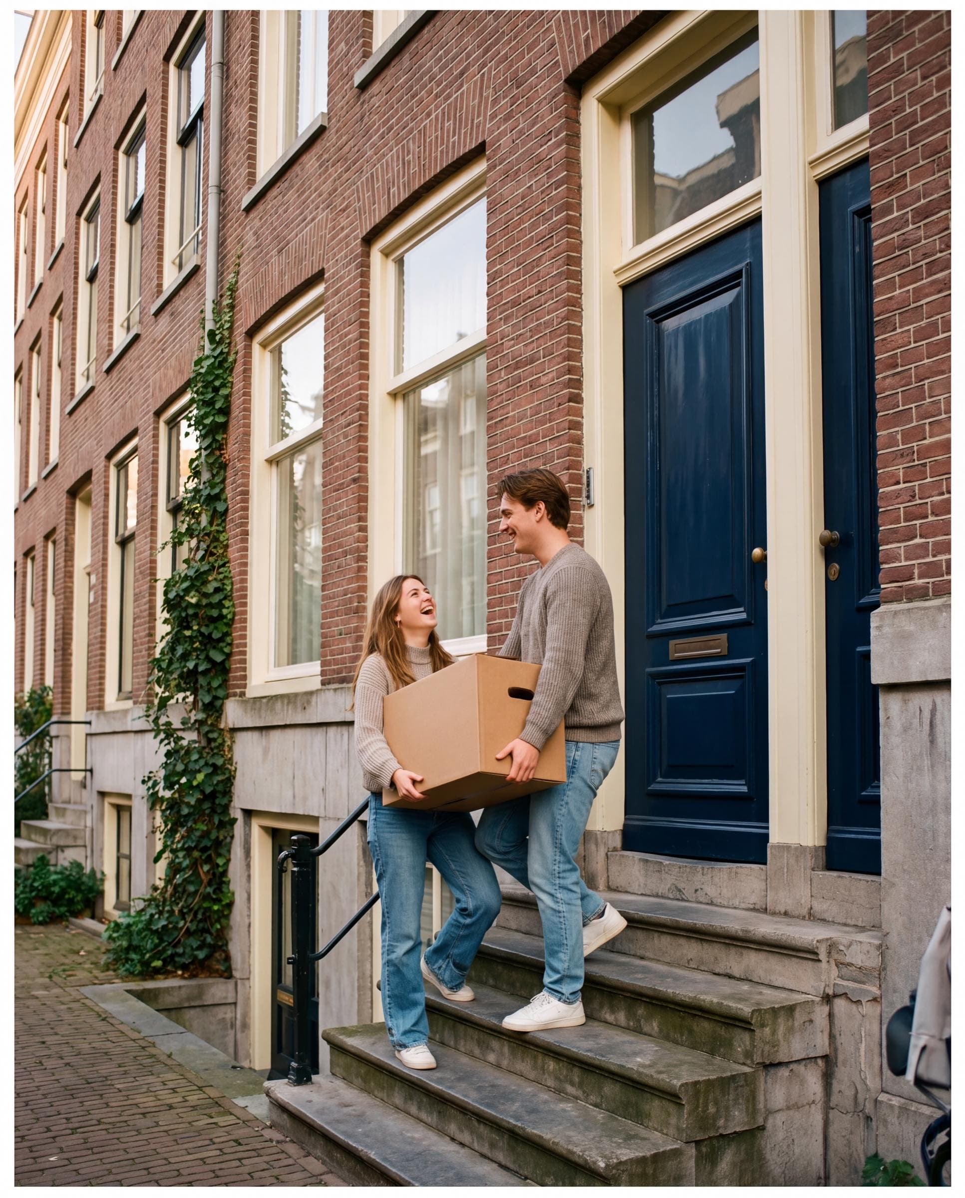 Jong stel draagt een verhuisdoos naar de voordeur van hun nieuwe huurwoning