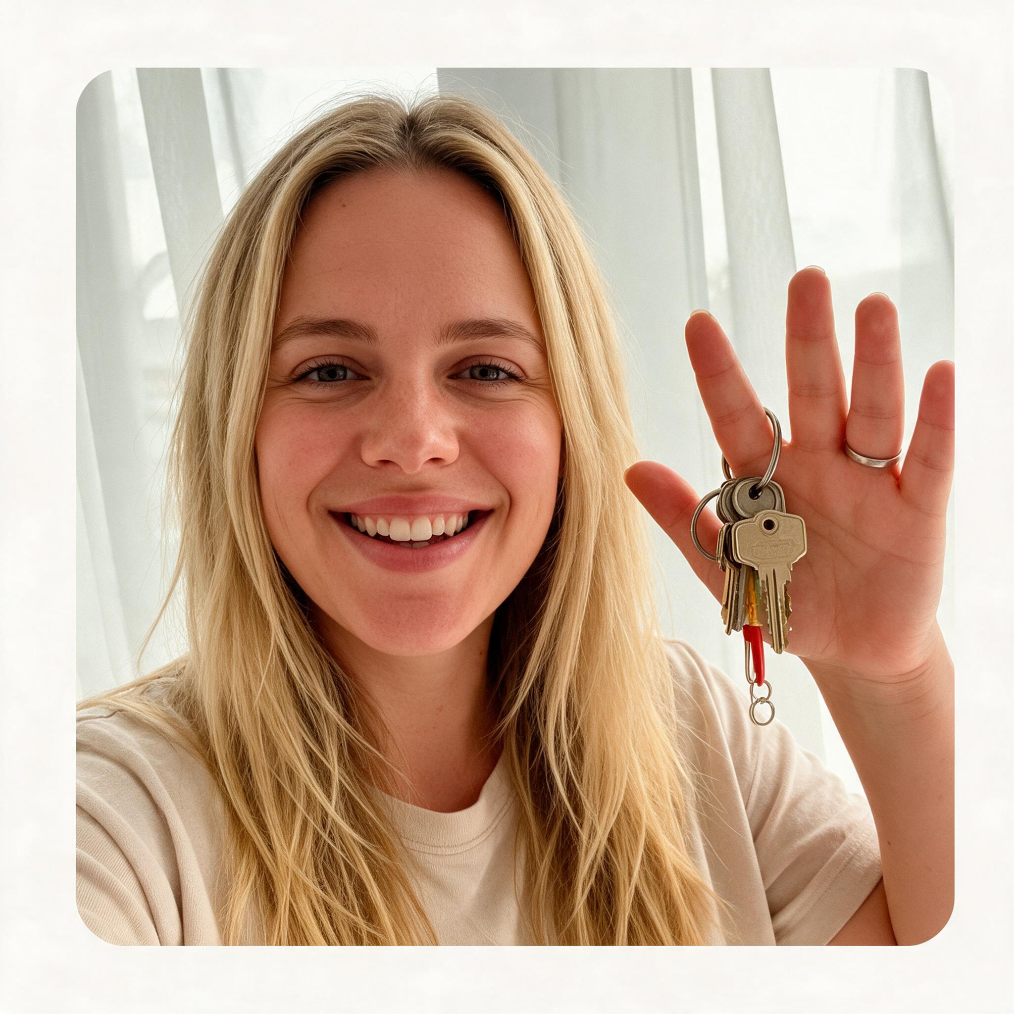 Lachende vrouw met de sleutels van haar nieuwe huis